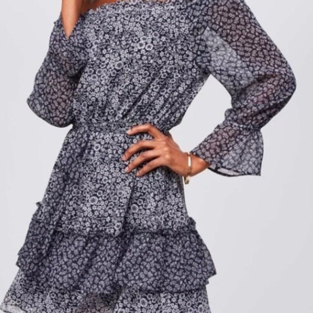 Ditsy Floral Blue and White Peasant Tiered Ruffle Off the Shoulder Mini Dress